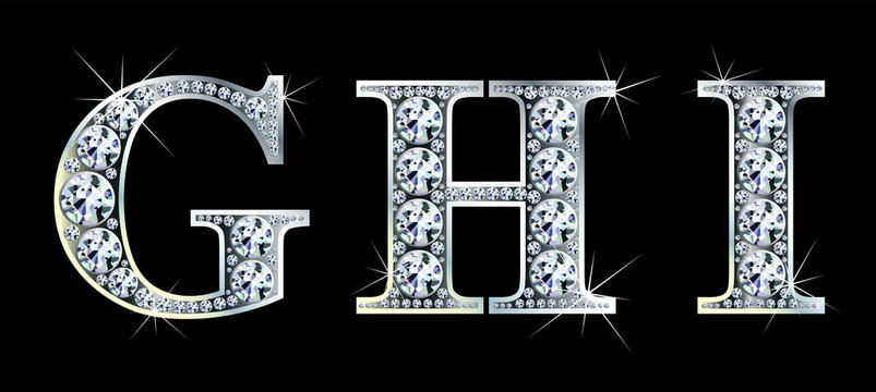 Diamond alphabet letters. Stunning beautiful GHI jewelry set in gems and silver. Vector eps10 illustration.