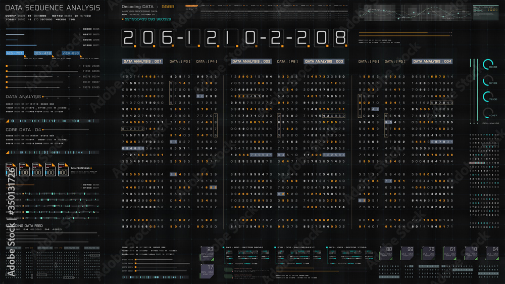 Poster Futuristic hi-tech graphic user interface head up display with digital code and data info graphic telemetry information display for desktop screen background
