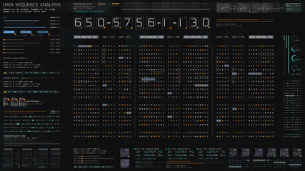 Futuristic hi-tech graphic user interface head up display with digital code and data info graphic telemetry information display for desktop screen background