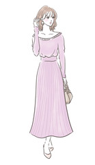 ファッション 女性 全身（フェミニン ニットワンピース）