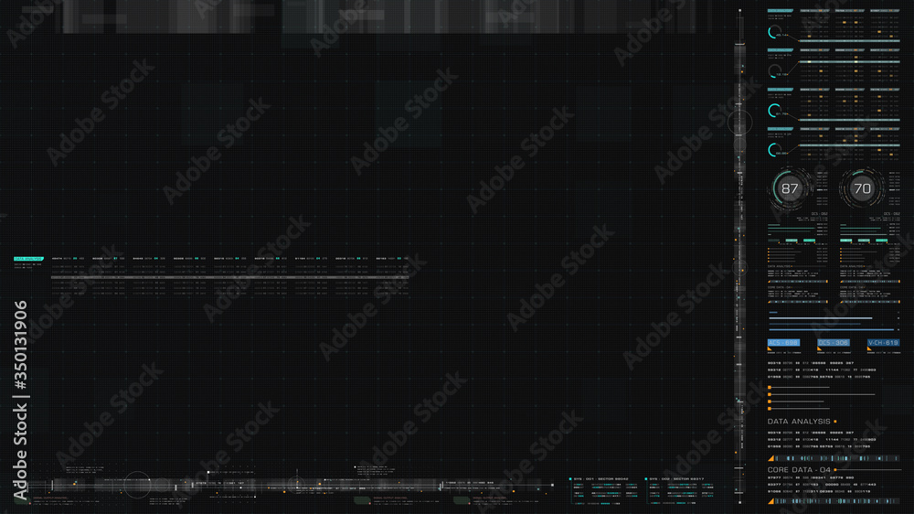 Leinwandbilder Futuristic hi-tech graphic user interface head up display with digital code and data info graphic telemetry information display for desktop screen background