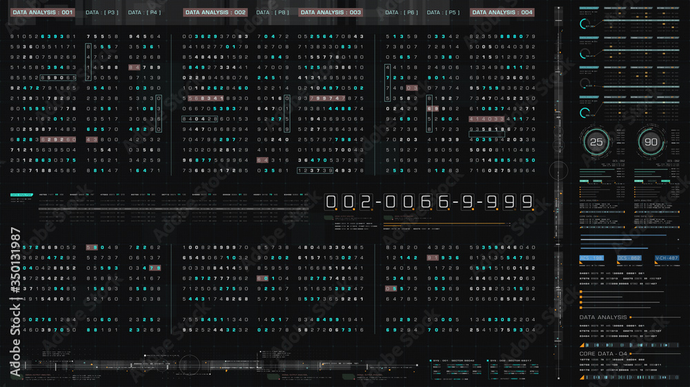 Poster Futuristic hi-tech graphic user interface head up display with digital code and data info graphic telemetry information display for desktop screen background
