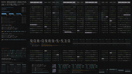 Futuristic hi-tech graphic user interface head up display with digital code and data info graphic telemetry information display for desktop screen background