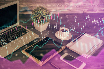 Double exposure of financial graph drawing and cell phone background. Concept of forex trading