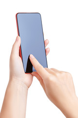 Closeup of the hands of a young woman using a modern smartphone for communication on social networks, online shopping or ordering food on the internet isolated on a white background with clipping path