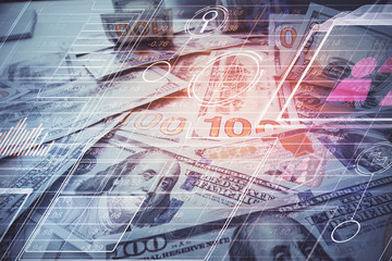 Double exposure of data theme drawing over us dollars bill background. Technology concept.