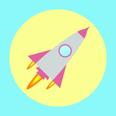 Rocket on the yellow circle and blue background in pastel tone.