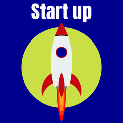 White rocket on the yellow circle and start up text on dark background. Startup technology concept.