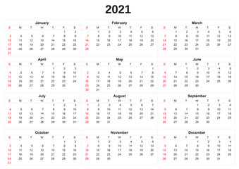 2021 annual calendar with white background.
