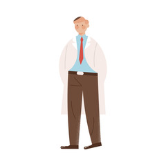 Young man doctor in uniform and tie working in hospital during coronavirus pandemic