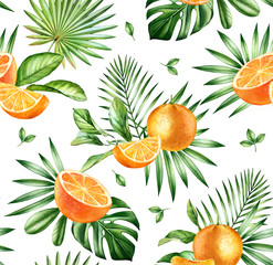 Watercolor tropical seamless pattern. Whole and sliced orange fruits. Exotic plants and palm leaves isolated on white. Botanical illustration for surface, textile, wallpaper summer design
