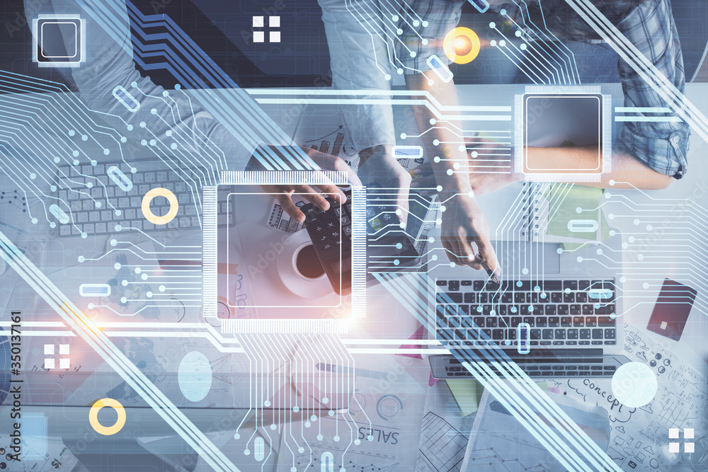 Poster double exposure of man and woman working together and data theme hologram drawing. computer backgrou