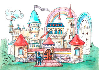 Little fairy castle with rainbows isolated on the white background. Hand drawn watercolor illustration
