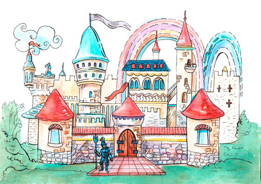 Little fairy castle with rainbows isolated on the white background. Hand drawn watercolor illustration © Olga