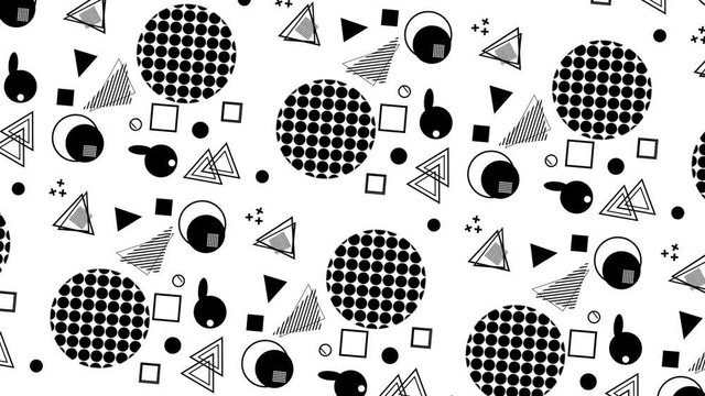 4K multicolor geometric shapes pattern in retro, memphis 80s - 90s style. Animated vintage abstract background. Blank white