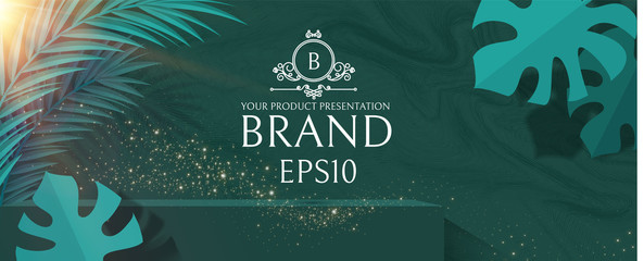 3D podium. Realistic minimal empty scene. Showcase and shelf. Round empty stage with palm leafs and shadow.