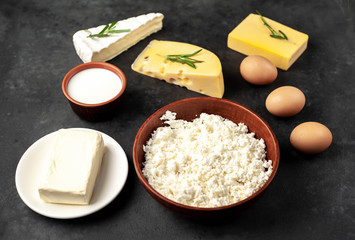 Different types of dairy products on a stone background