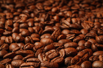 roasted coffee beans, can be used as background. Coffee production concept for coffee shop. Grains after roasting