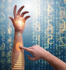 Human robotic hand in futuristic concept