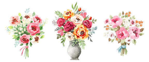 Watercolor bouquets set. Flowers, leaves, vase. Isolated