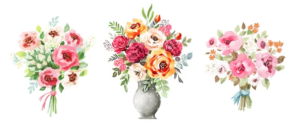 Aquarellsträuße gesetzt. Blumen, Blätter, Vase. Isoliert © nataleana
