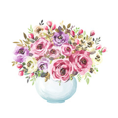 Watercolor bouquet. Flowers, leaves, vase. Isolated