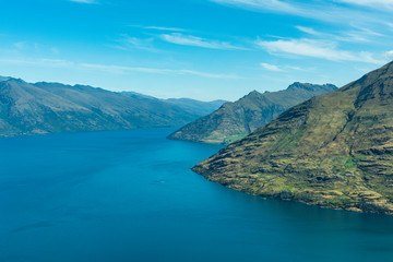 Obraz na płótnie Canvas View of Lake Wakatipu taken from a light aircraft while flying from Queenstown to Milford Sound in New Zealand