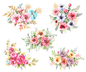 Watercolor bouquets set. Flowers, leaves. Isolated