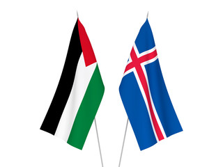 National fabric flags of Palestine and Iceland isolated on white background. 3d rendering illustration.