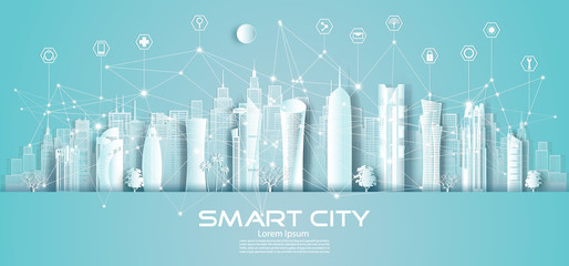 Technology wireless network communication smart city in Qatar downtown.