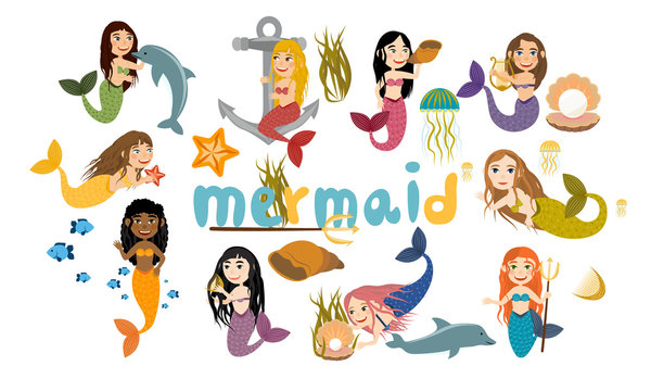 Set of mermaids with long hair. Mermaid get pearls, play with dolphins, swim, sit at anchor, play the harp and shell. Cute vector collection