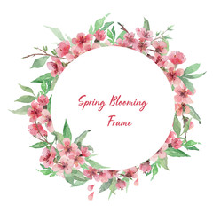 Hand drawn watercolor circle frame template with cherry blooming branches