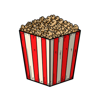 recommend clip art: Set of Illustration of popcorn box in engraving style. Design element for logo, label, sign, poster, t shirt. Vector illustration