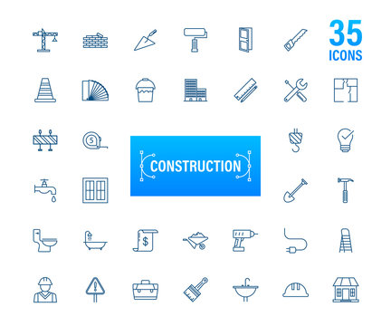 Outline web icons set. Construction and home repair tools, building. Work safety. Vector stock illustration.