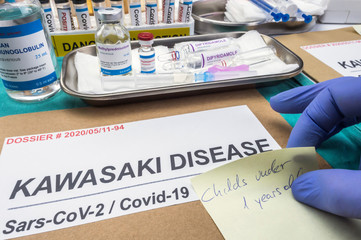 Nurse leaves a warning about a dossier to treat Sars-CoV-2-related Kawasaki disease in children under five, conceptual image, unbranded generic drug containers and hypothetical bar codes