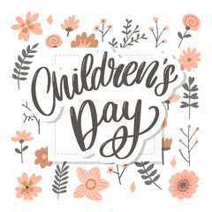 Fototapeta premium happy children's day, cute vector greeting card with funny letters in scandinavian style and cartoon landscape
