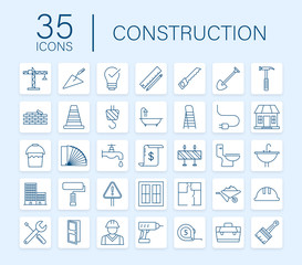 Outline web icons set. Construction and home repair tools, building. Work safety. Vector stock illustration.