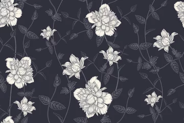 Blumen Clematis. Nahtloses Schwarzweiss-Blumenmuster. © marinavorona