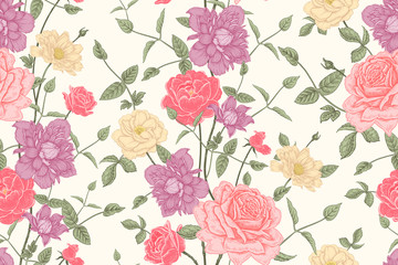 Beautiful blooming garden flowers roses and clematis. Color seamless pattern.
