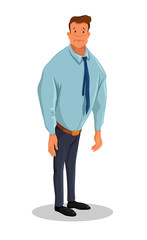 Cartoon character of sad office worker. Upset man standing dumbly drooping shoulders. 
Vector illustration isolated on the white background
