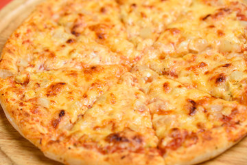 Close up Italian pizza about cheese it stick.