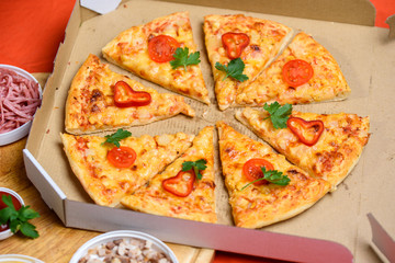 Pizza in the in delivery box you can put your writing on the box.