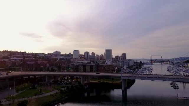 Thea Foss Waterway With The 509-Bridge In Tacoma, Washington, USA. - aerial drone shot