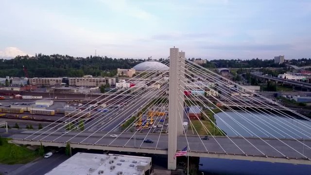 Cars Travelling At The East 21st Street Bridge Over Thea Foss Waterway In Tacoma, Washington. - aerial drone shot