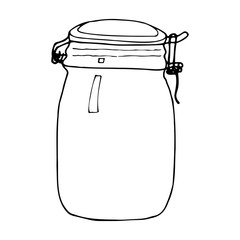 Hand drawn jar. Contour sketch. Kitchen objects doodle style. Vector illustration isolated on white background. Alchemy and vintage.