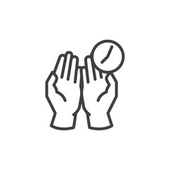 Praying time line icon. Prayer hands and clock linear style sign for mobile concept and web design. Namaz time outline vector icon. Symbol, logo illustration. Vector graphics