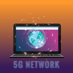 5G internet new mobile wireless technology wifi connection. Laptop city planete Earth