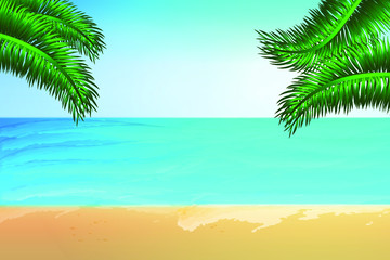 Fototapeta na wymiar Summer view of the beach . Tropical background for summer holidays. Sea, sand, sky, plane, wave, sun, palm leaves. Stock vector illustration.