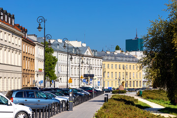 Panoramic view of Starowka Old Town quarter with new and renovated tenement houses along Podwale street in Warsaw, Poland © Art Media Factory