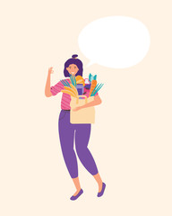 Happy young woman smiles and holds a paper bag paper bag full of vegetables and fruits while. Housewife hand show sign ok. Healthy food, dieting, vegetarian. Female cartoon character. Space for text.